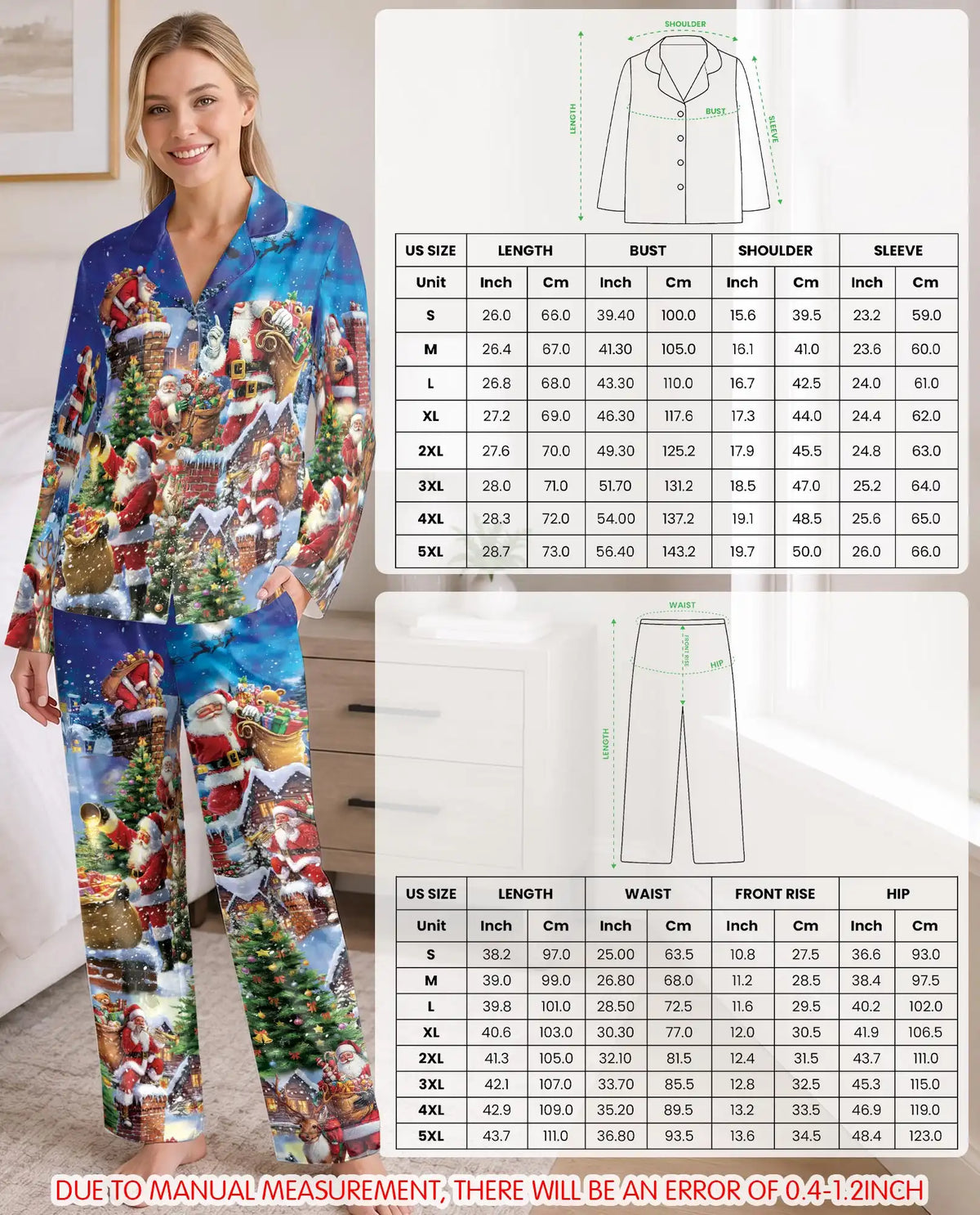 Santa Chimney Christmas Pajama Set for Women – Snowy Rooftop Print