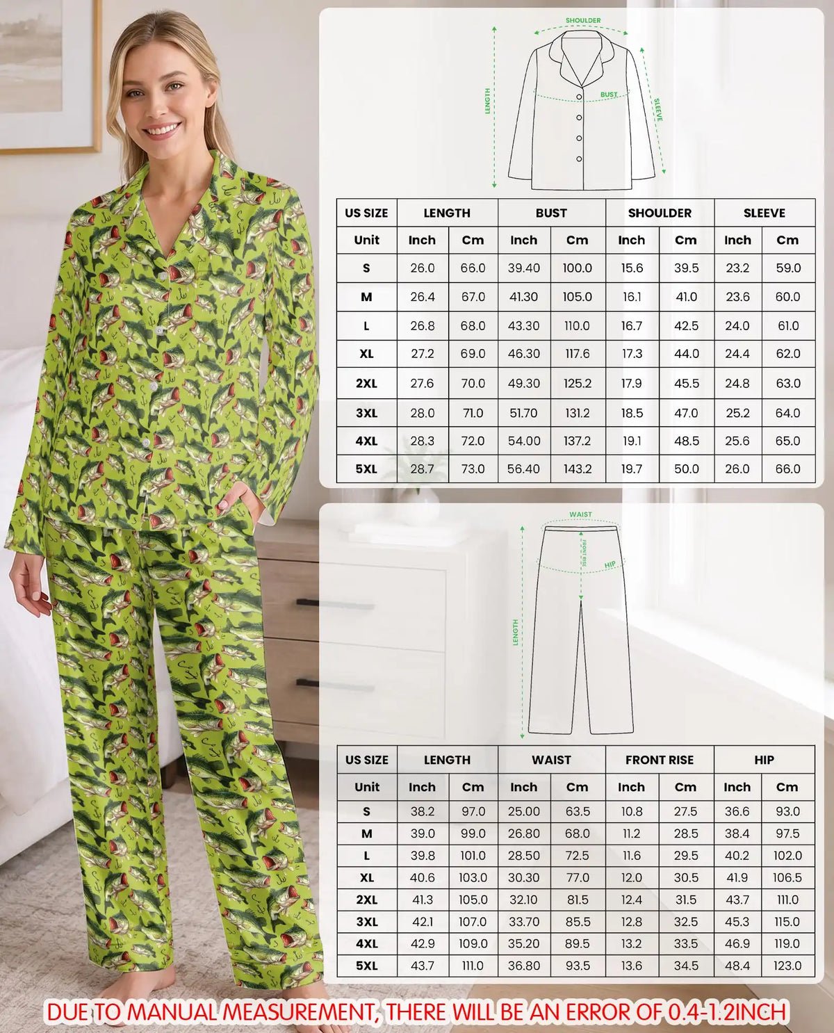 Largemouth Bass Fishing Pajama Set for Women – Green Fish & Hook Print