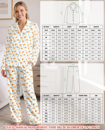 Goldfish Pajama Set for Women – Cute Orange Fish, Blue Starfish & Bubble Print
