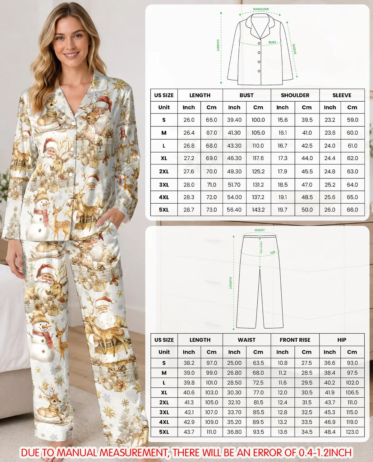 White and Gold Christmas Pajama Set for Women – Santa & Reindeer Print