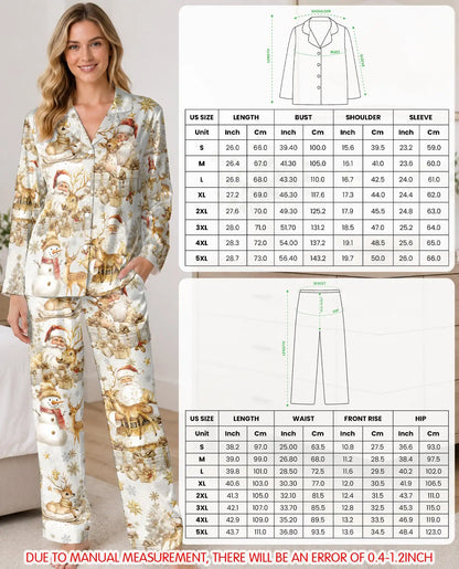 White and Gold Christmas Pajama Set for Women – Santa & Reindeer Print