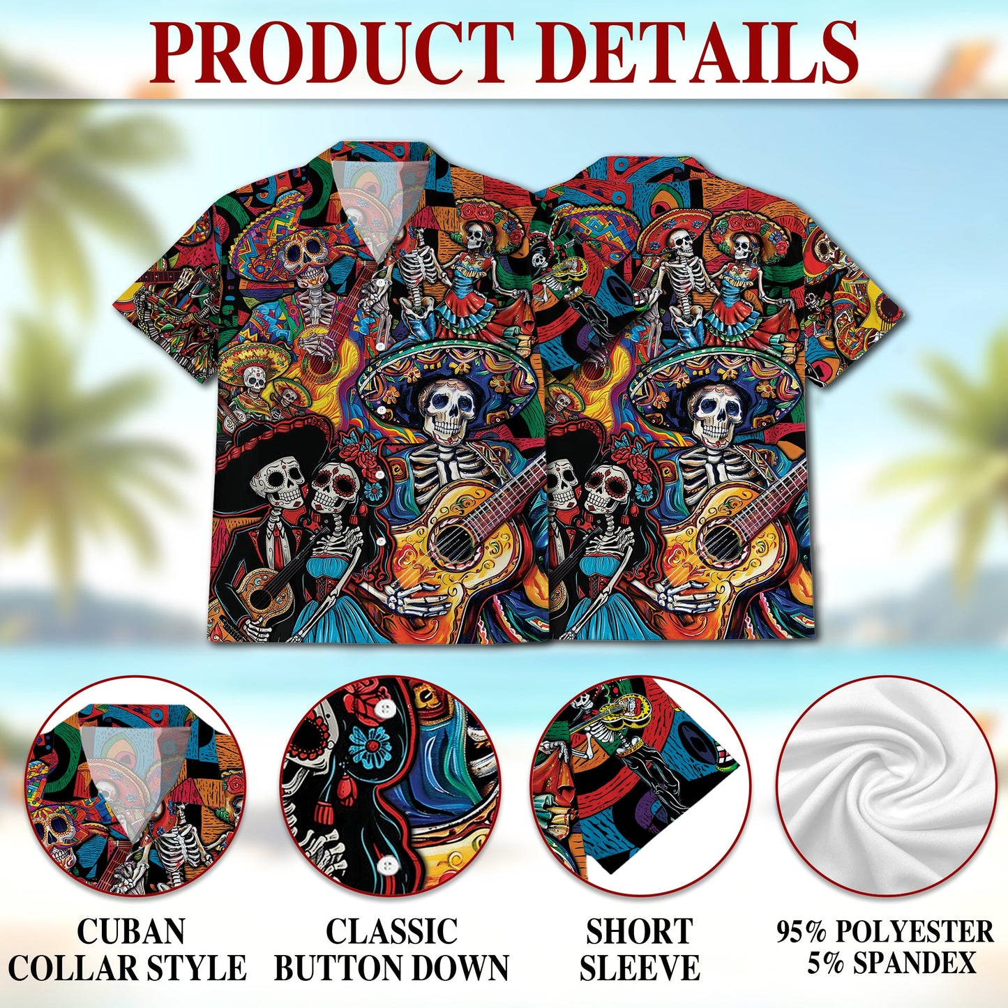 Day of the Dead Skeleton Hawaiian Shirt for Men, Button Down Aloha Shirt - Azhawaiian