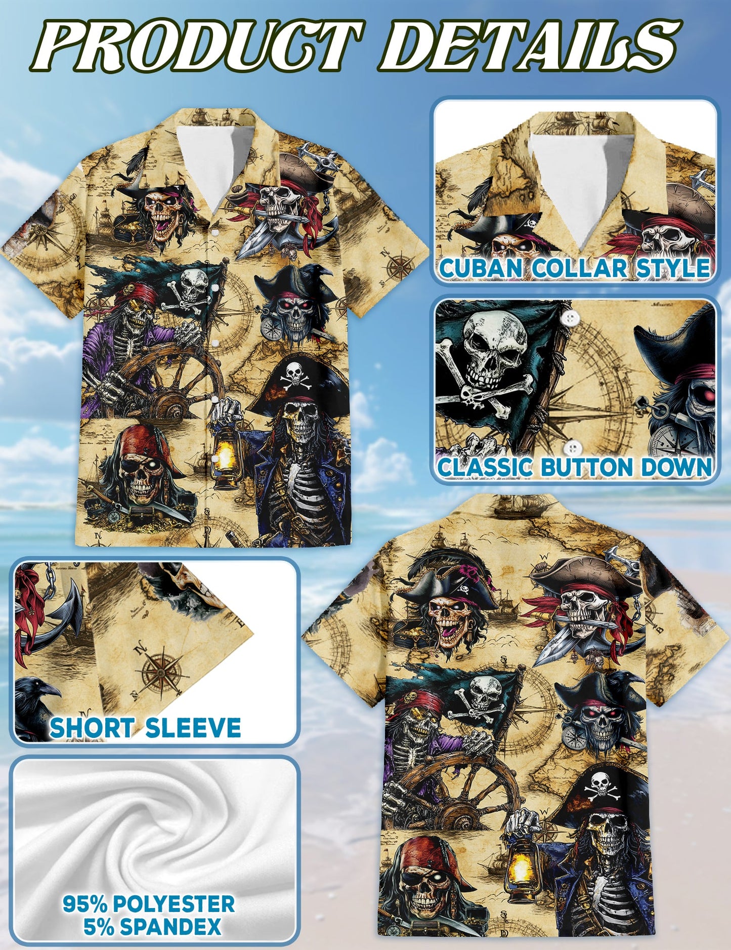 Pirate Skull Treasure Hawaiian Shirt for Men, Button Down Aloha Shirt - Azhawaiian
