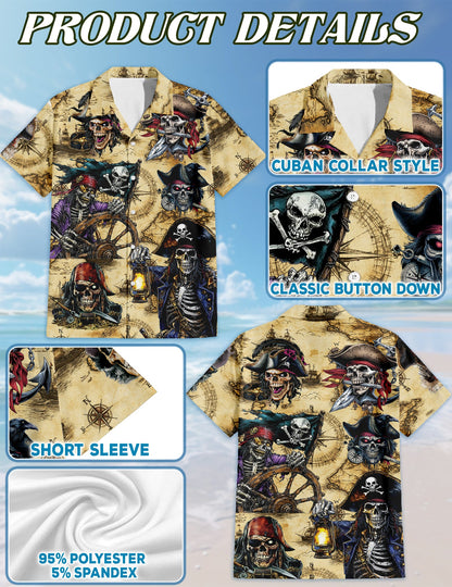 Pirate Skull Treasure Hawaiian Shirt for Men, Button Down Aloha Shirt - Azhawaiian