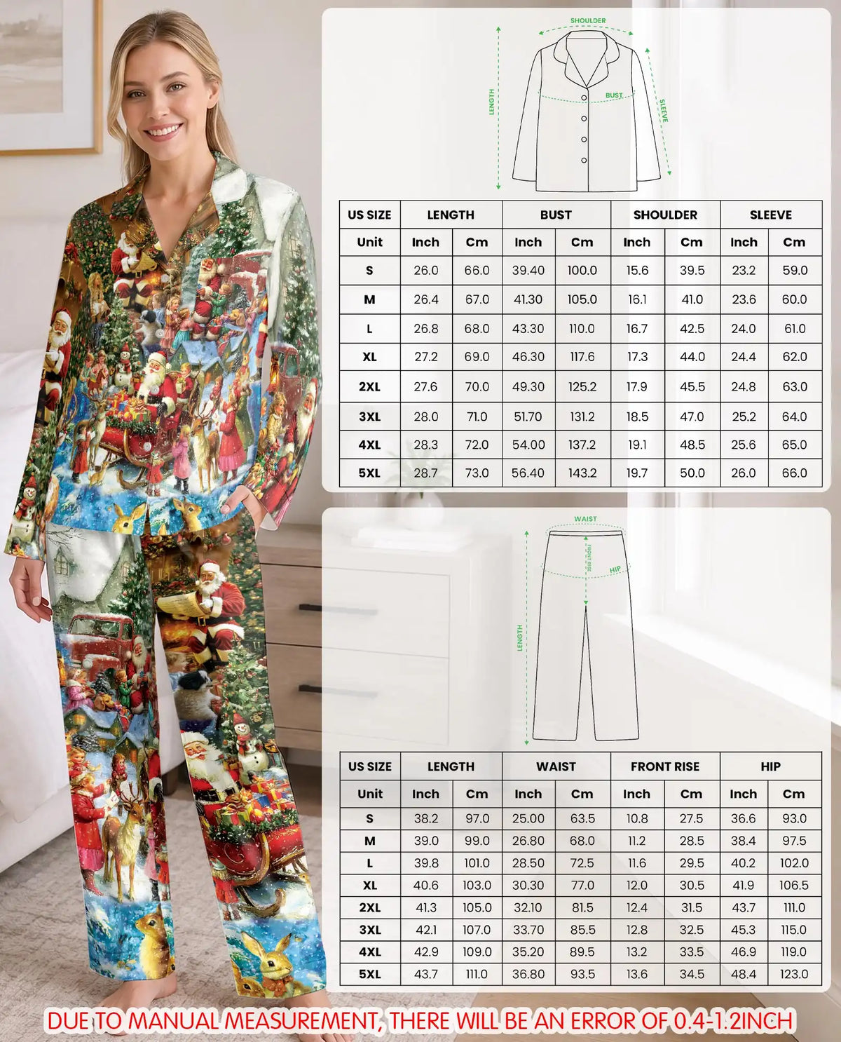 Christmas Santa Pajama Set for Women, Holiday Winter Sleepwear