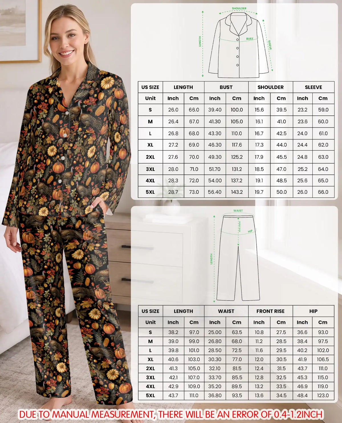 Thanksgiving Turkey Pajama Set for Women – Fall Harvest Print