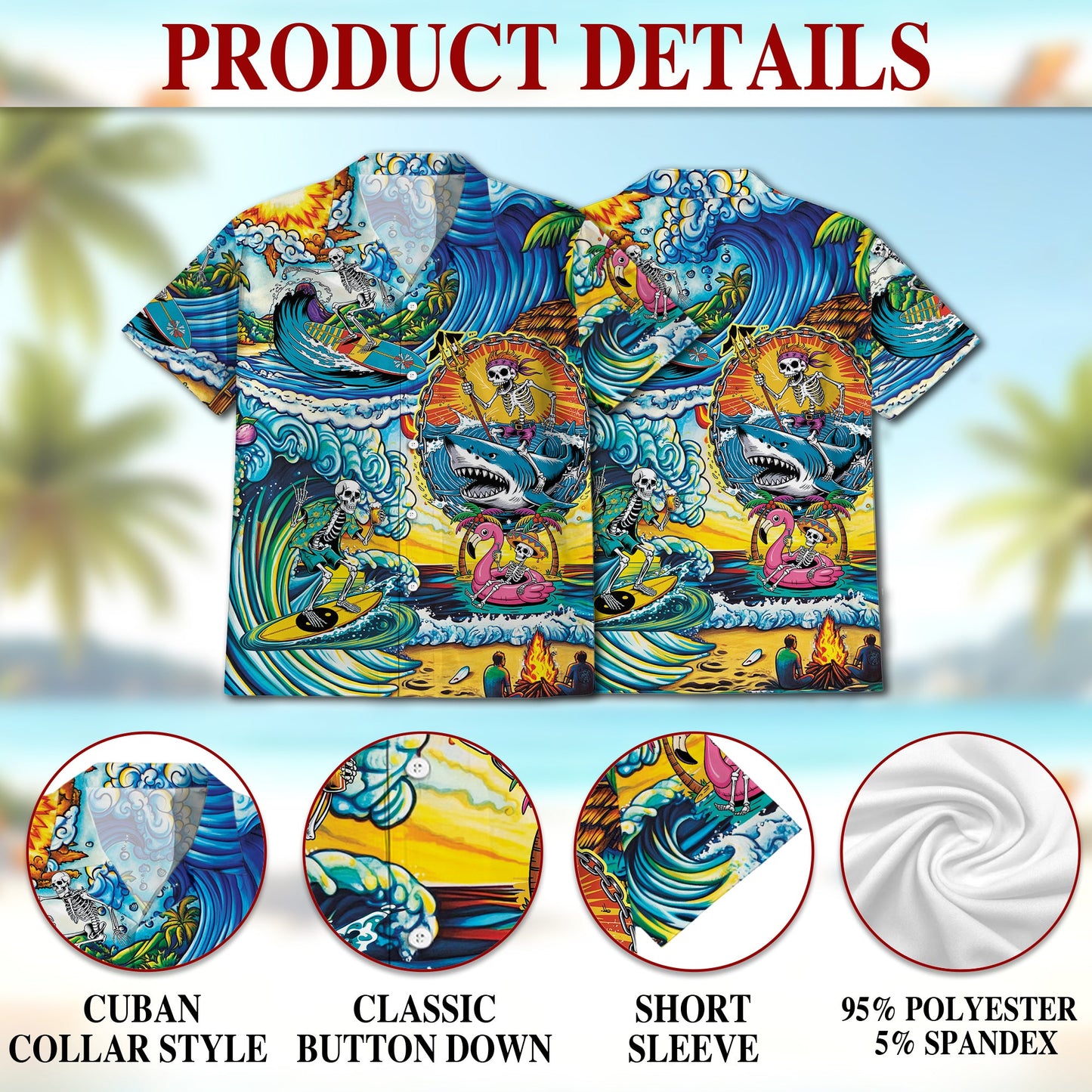 Funny Surfing Skull Art Hawaiian Shirt for Men, Button Down Aloha Shirt - Azhawaiian