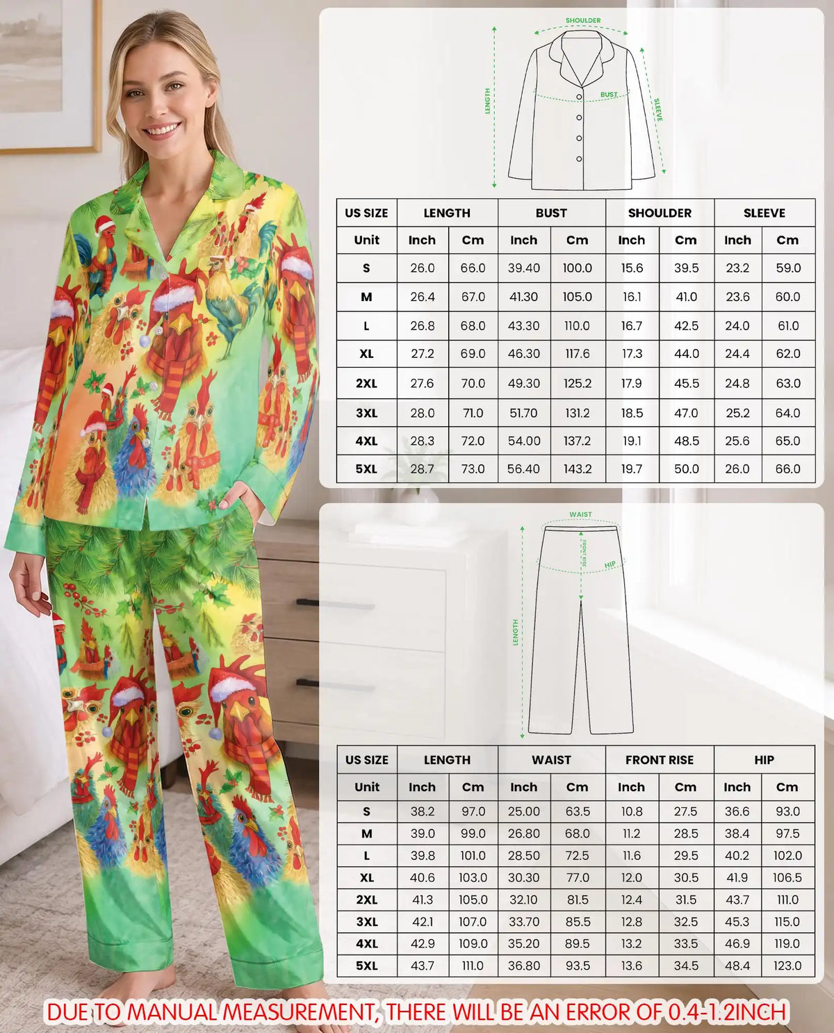 Christmas Chicken Pajama Set for Women, Rooster Holiday Sleepwear with Farmhouse Design