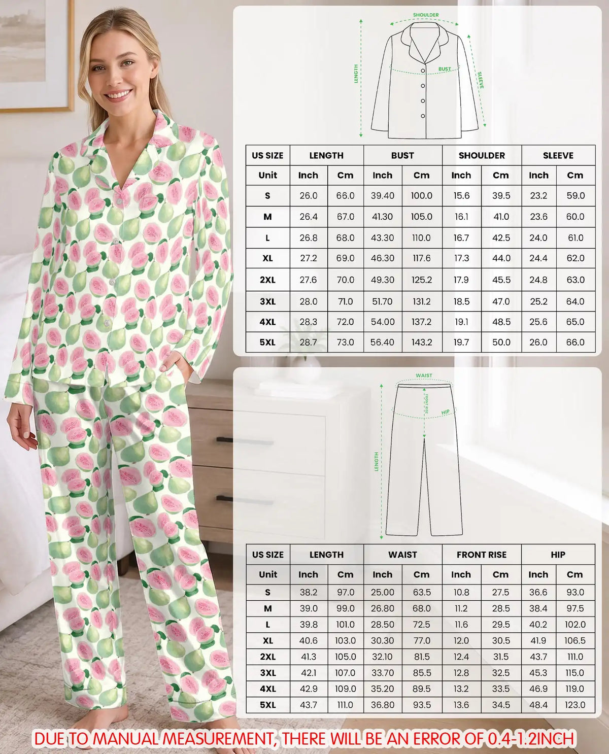 Pink Guava Pajama Set for Women – Tropical Fruit Watercolor Print