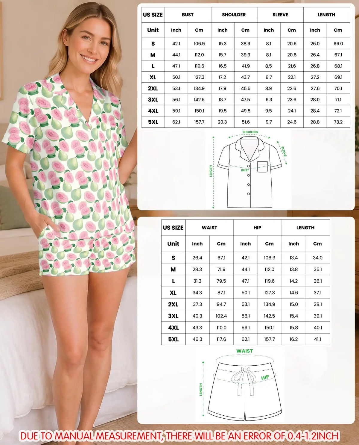 Pink Guava Pajama Set for Women – Tropical Fruit Watercolor Print