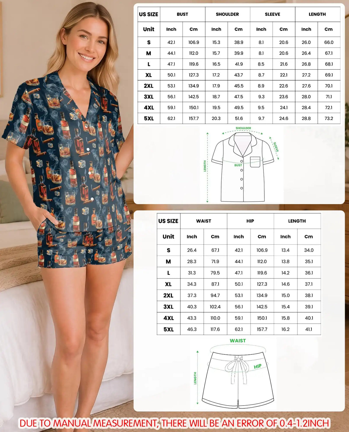 Whiskey and Cigar Pajama Set for Women – Vintage Whiskey Glass & Smoke Print