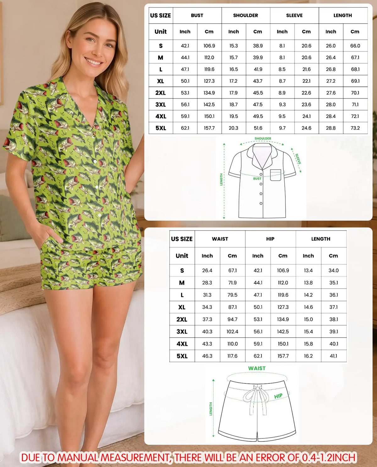 Largemouth Bass Fishing Pajama Set for Women – Green Fish & Hook Print
