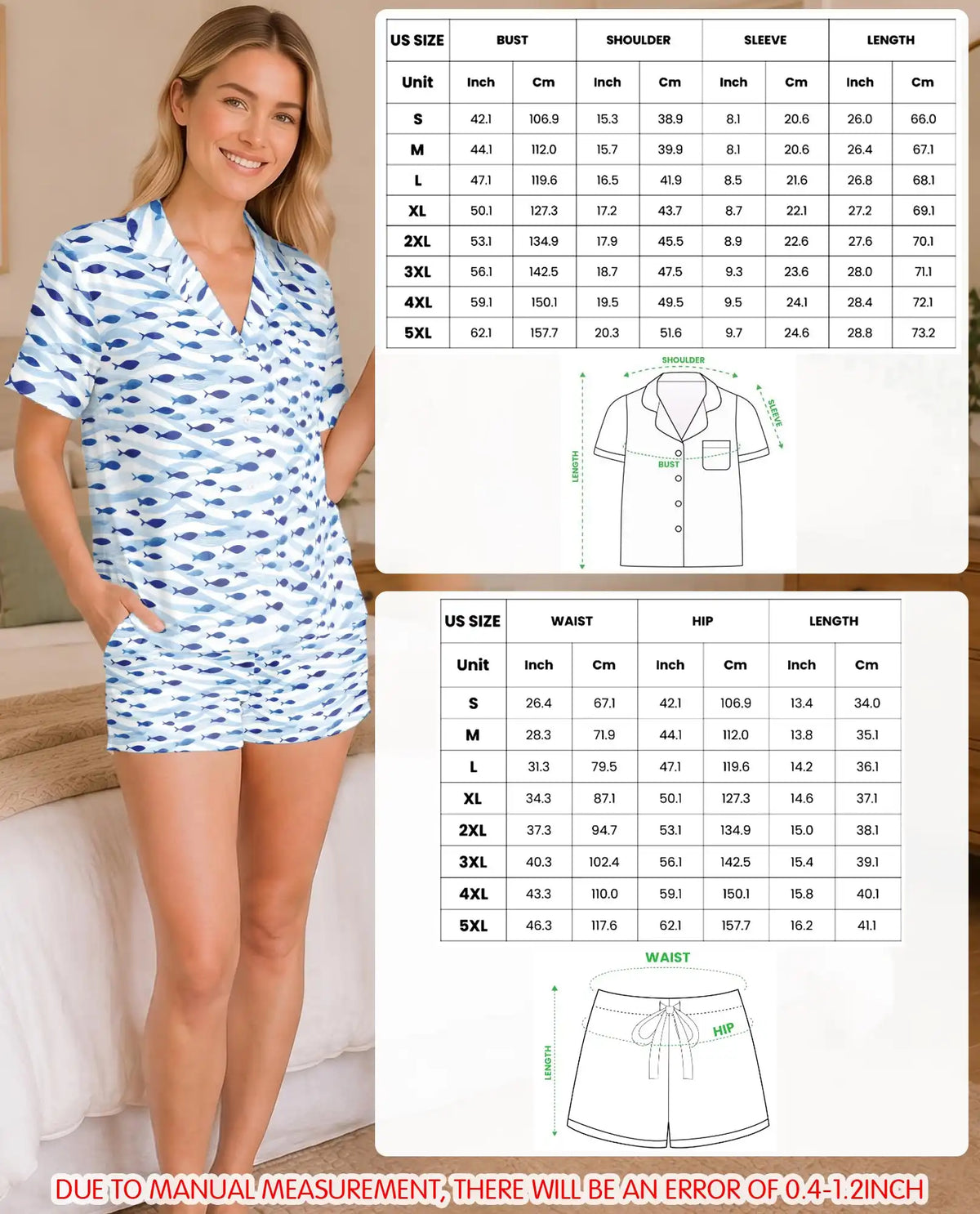 Blue School of Fish Pajama Set for Women – Minimalist Ocean Wave Print