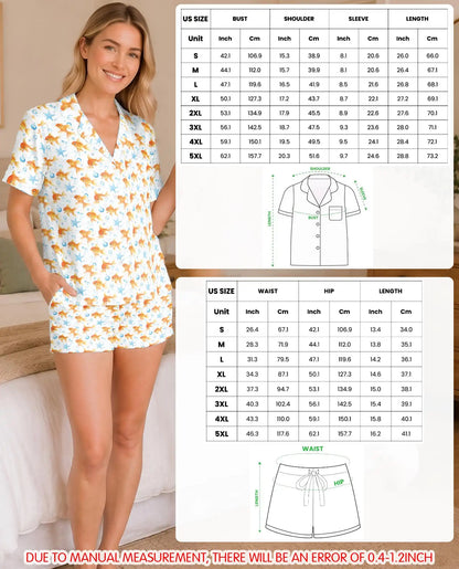 Goldfish Pajama Set for Women – Cute Orange Fish, Blue Starfish & Bubble Print