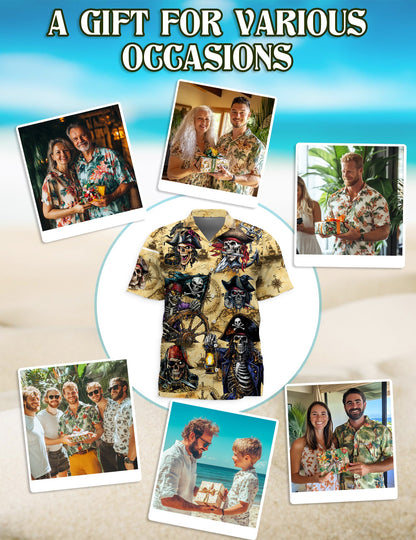 Pirate Skull Treasure Hawaiian Shirt for Men, Button Down Aloha Shirt - Azhawaiian