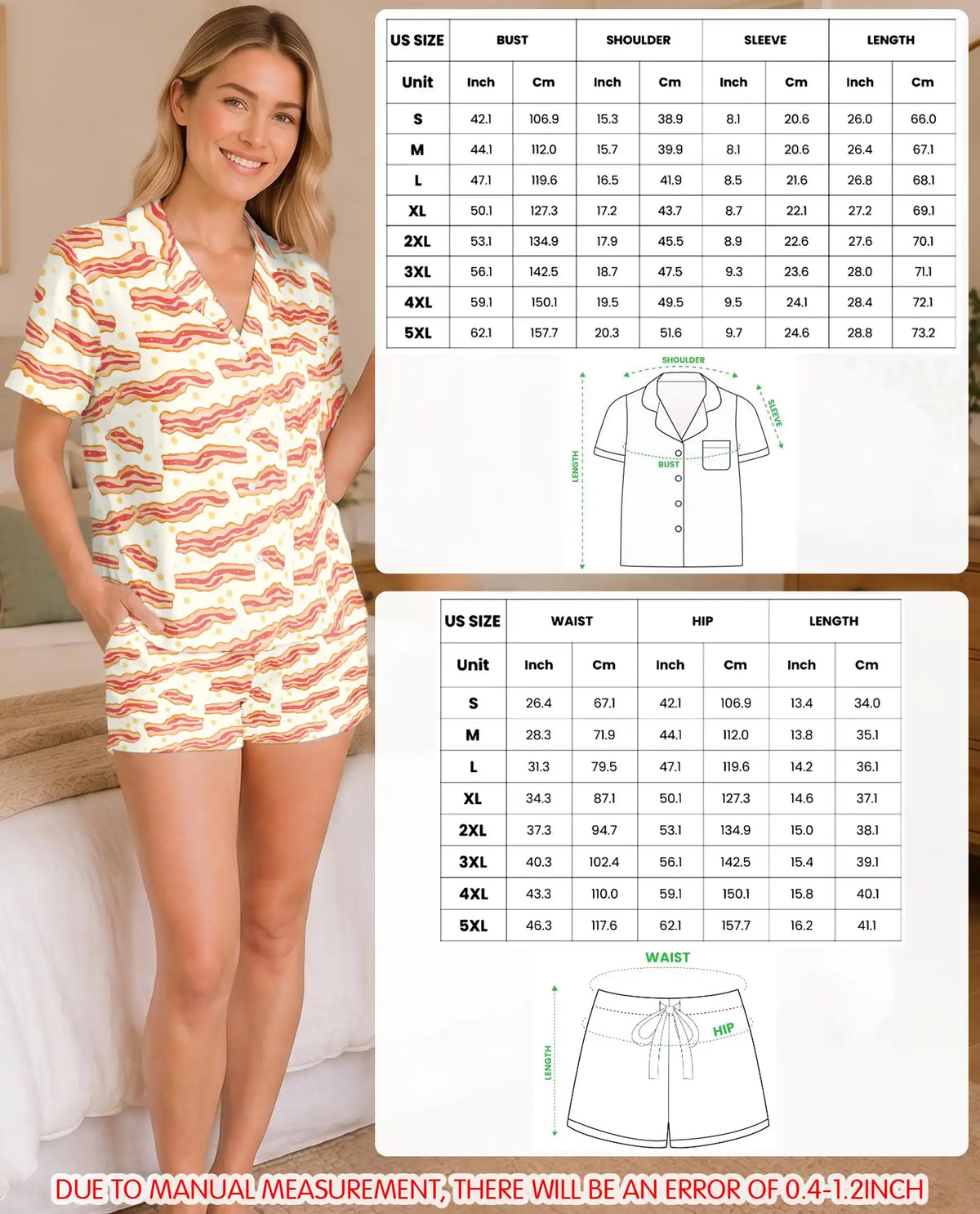 Bacon Pajama Set for Women – Funny Crispy Bacon Strips Print