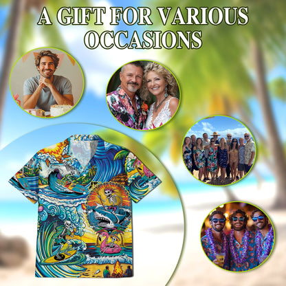 Funny Surfing Skull Art Hawaiian Shirt for Men, Button Down Aloha Shirt - Azhawaiian