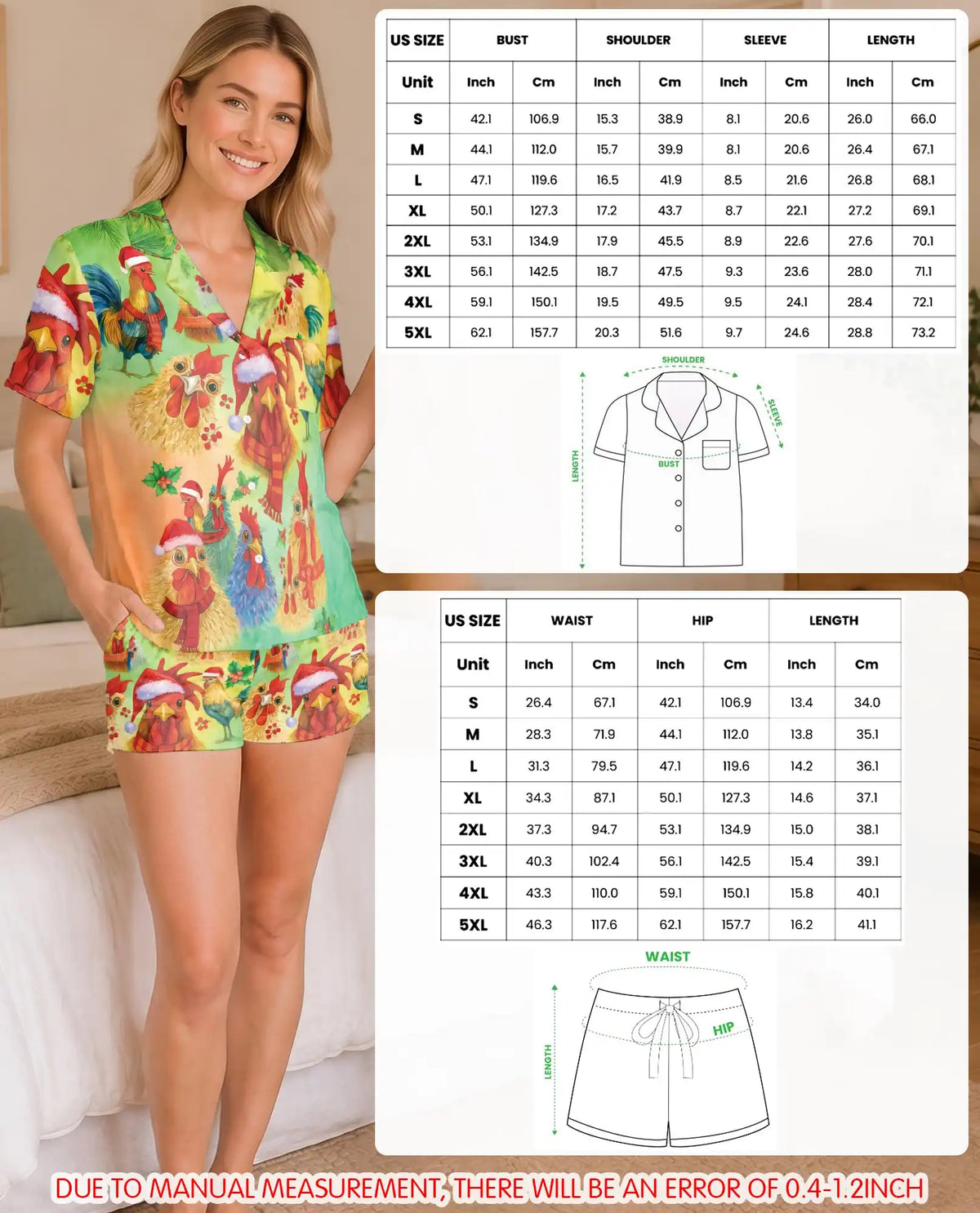 Christmas Chicken Pajama Set for Women, Rooster Holiday Sleepwear with Farmhouse Design