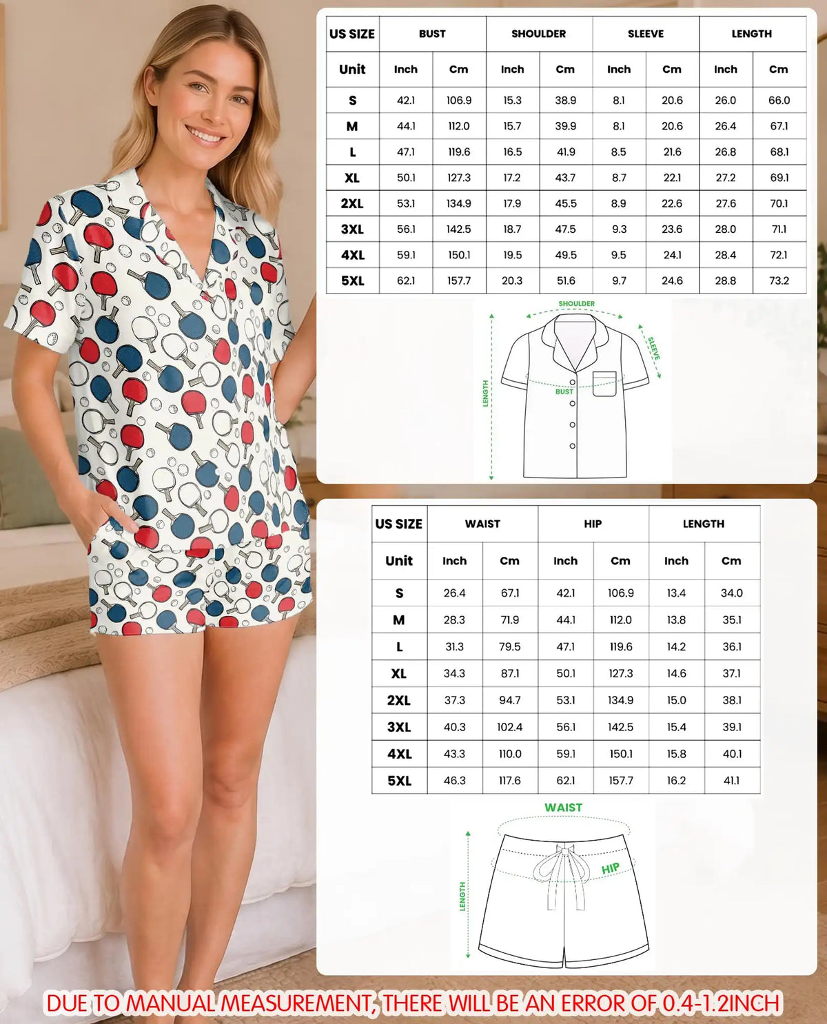 Table Tennis Pajama Set for Women – Red & Blue Ping Pong Paddle Print