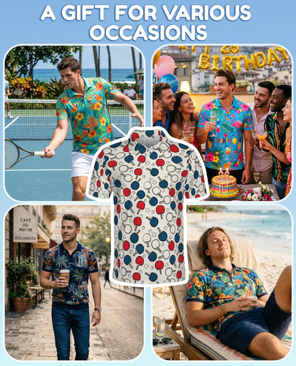 Ping Pong Paddle Pattern Polo Shirt for Men, Table Tennis Sports Style | Azhawaiian