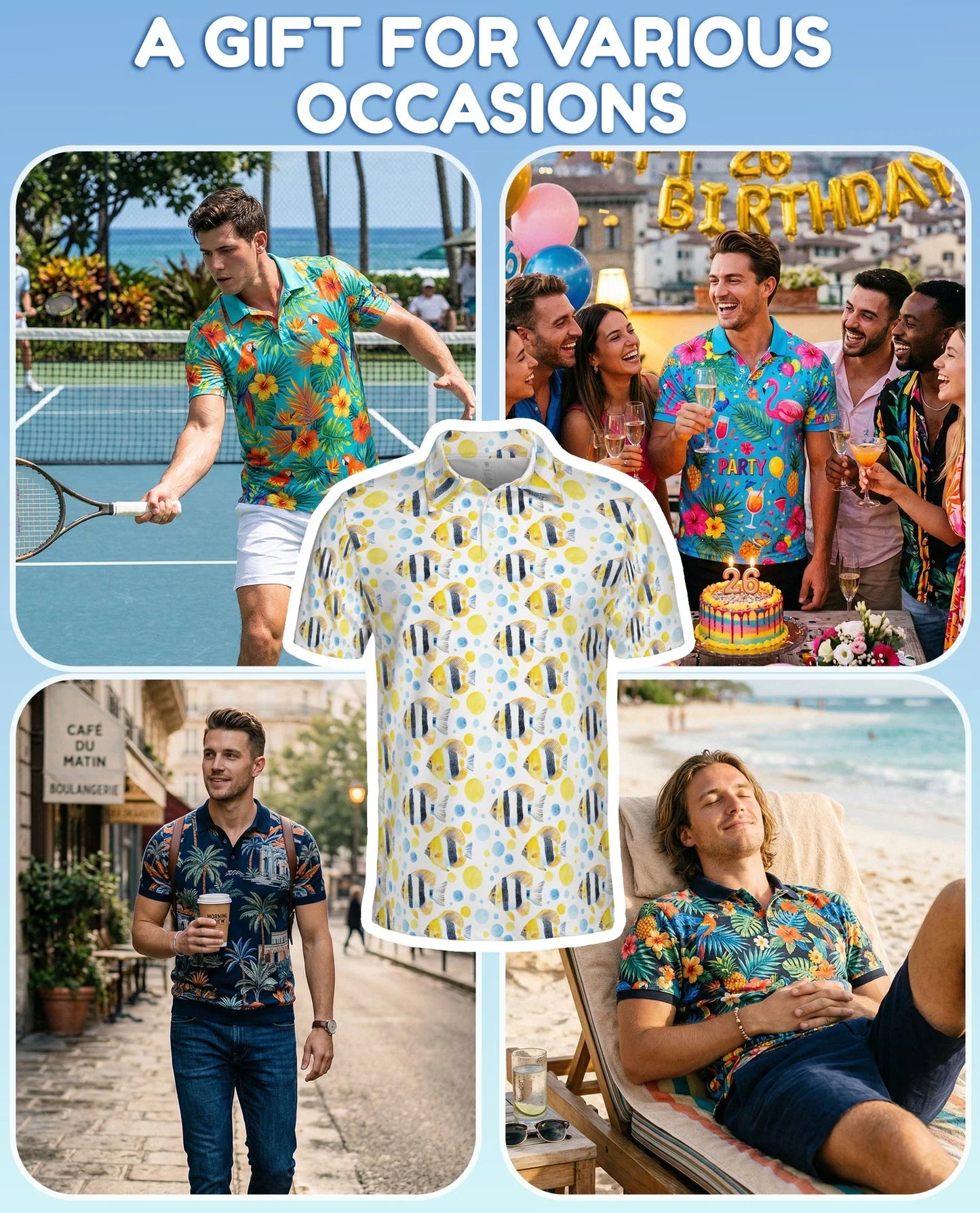 Undersea Pattern Polo Shirt for Men, Tropical Marine Life Style | Azhawaiian