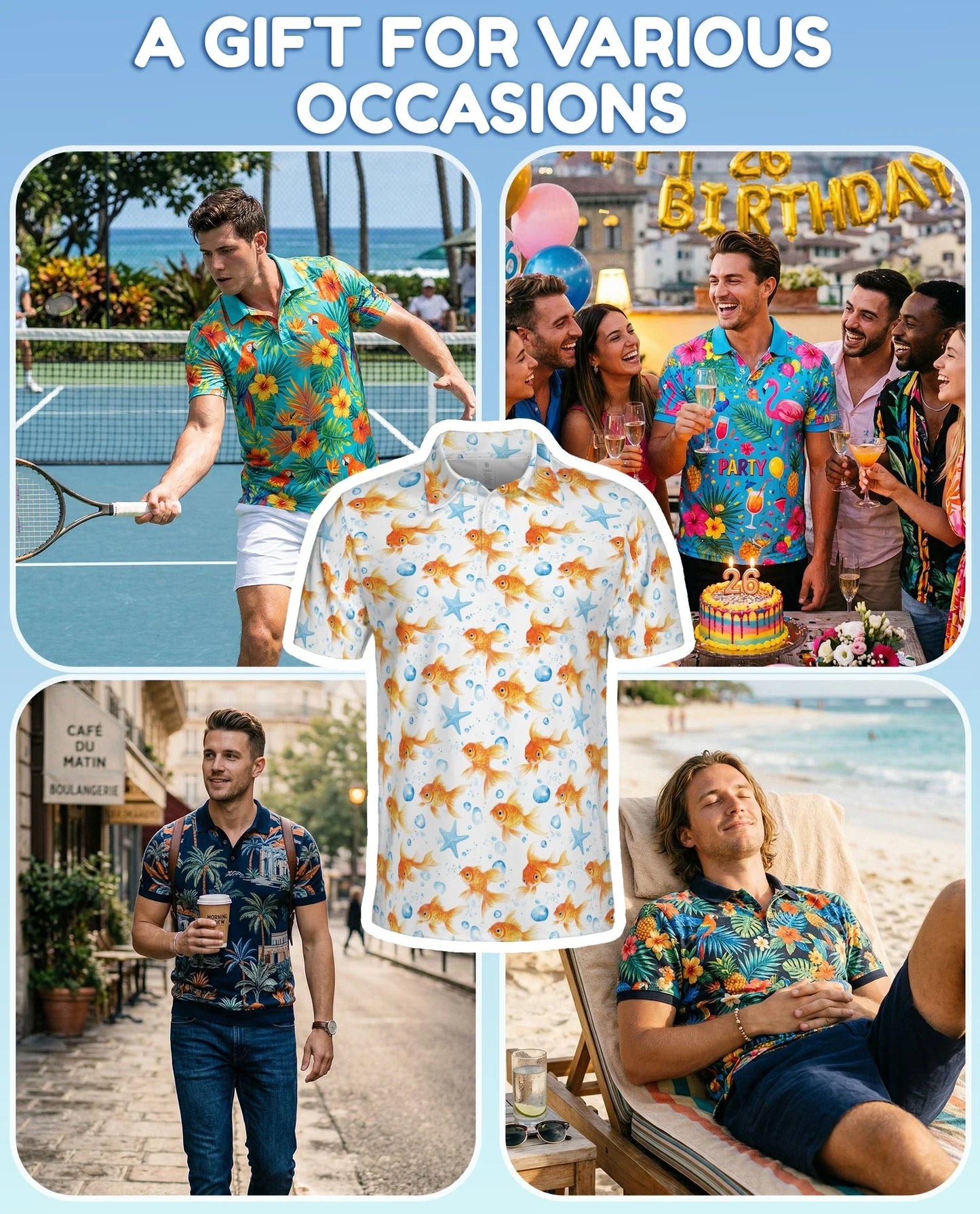Goldfish Seamless Pattern Polo Shirt for Men, Elegant Aquarium Art | Azhawaiian