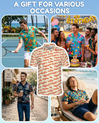 Bacon Pattern Polo Shirt for Men, Funny Food Lover Style | Azhawaiian
