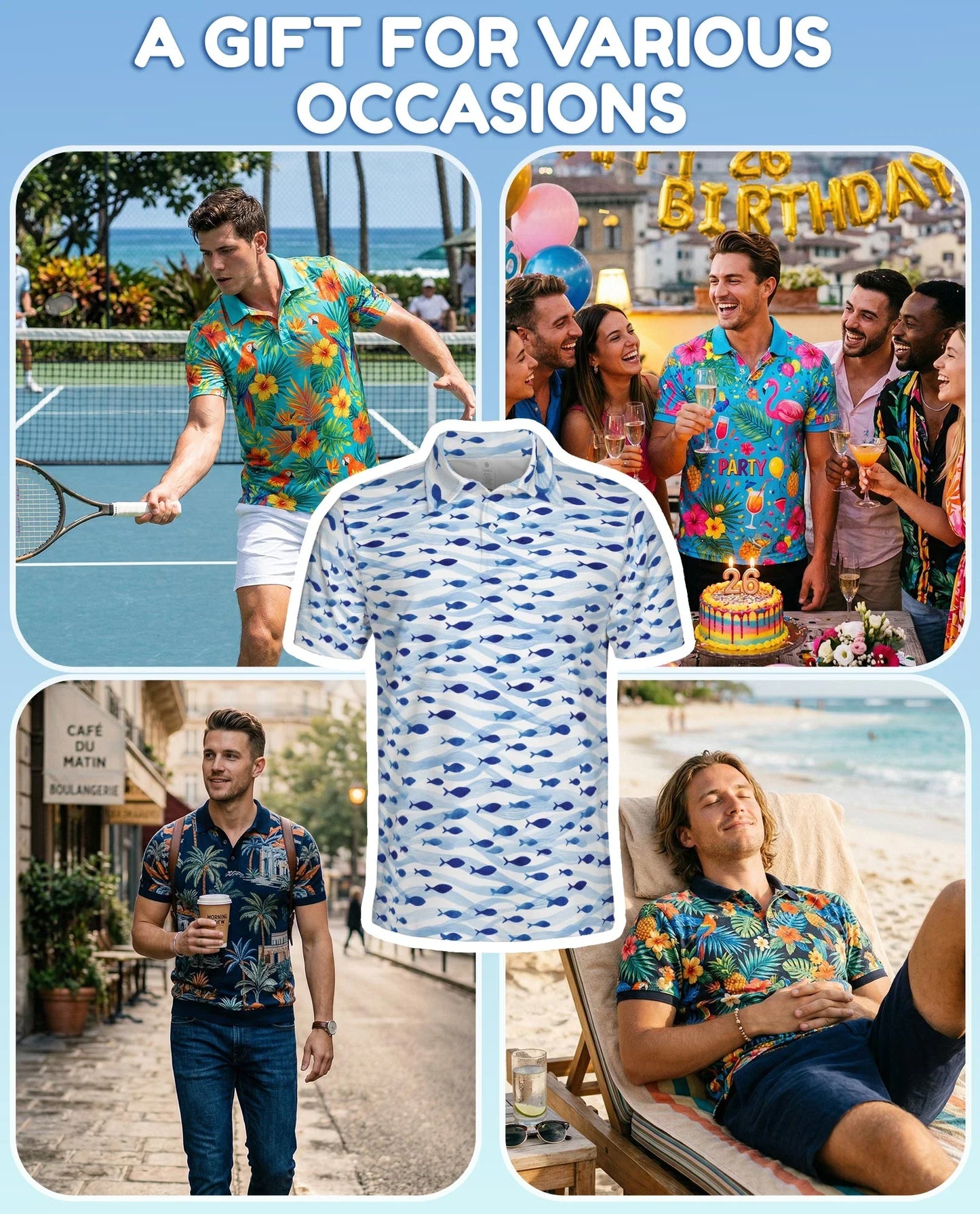 Blue and White Fish Pattern Polo Shirt for Men, Coastal Nautical Style | Azhawaiian