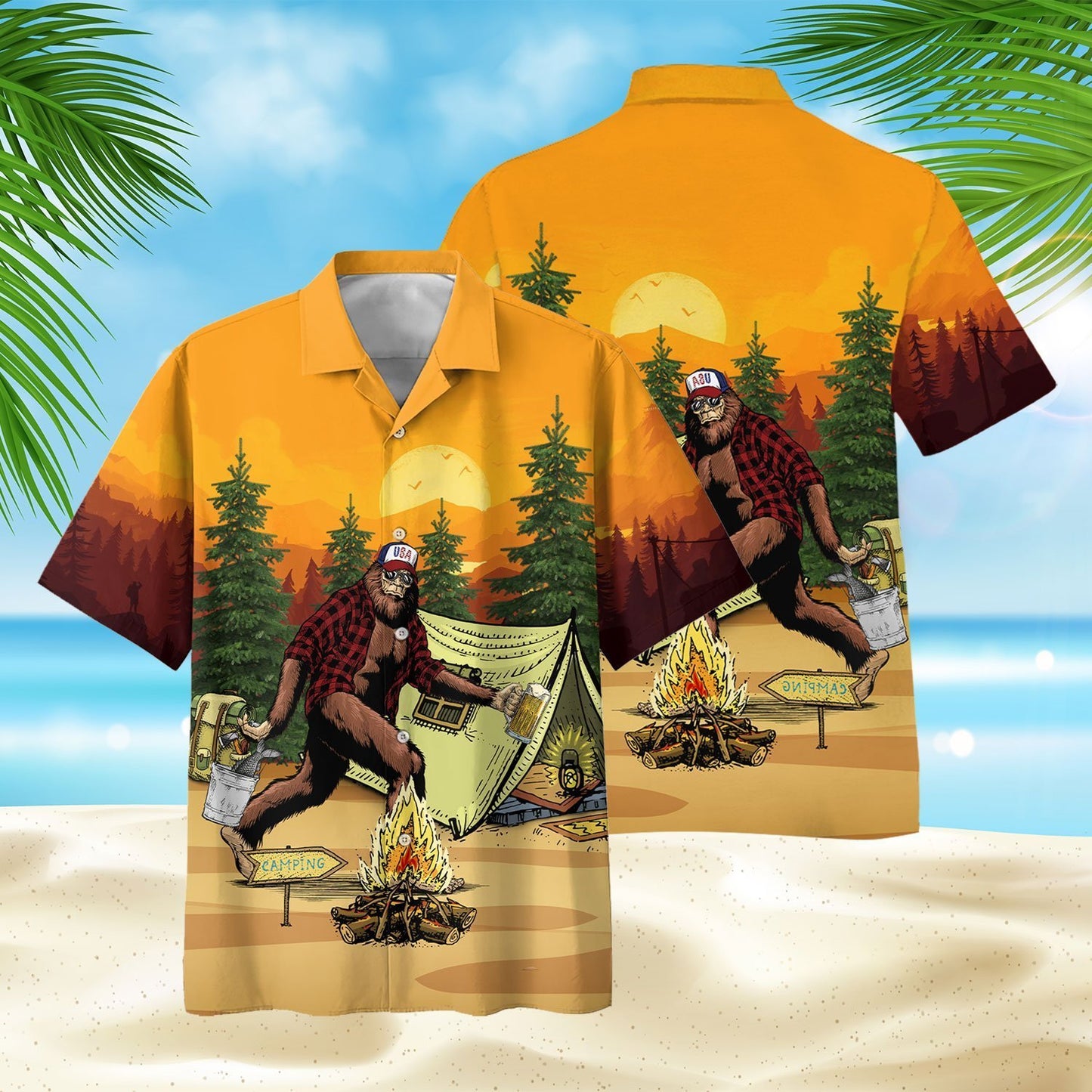 America Familleus - Bigfoot Go To Camping Style Hawaii Shirt Short Hawaiian Shirt