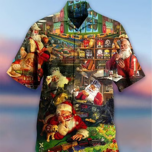 Santa Claus Playing Toy Train Merry Christmas Hawaiian Shirt