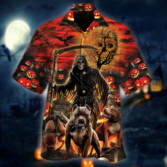 The Grim Reaper And Hound Halloween Hawaiian Shirt | For Men & Women | Adult | HW9183