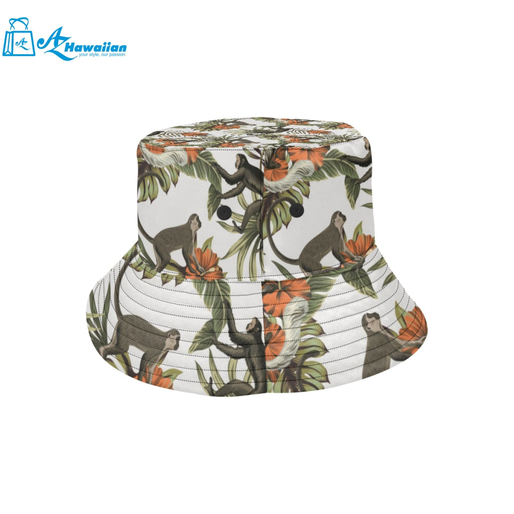 Monkey red hibiscus flower palm leaves floral patt Unisex Bucket Hat