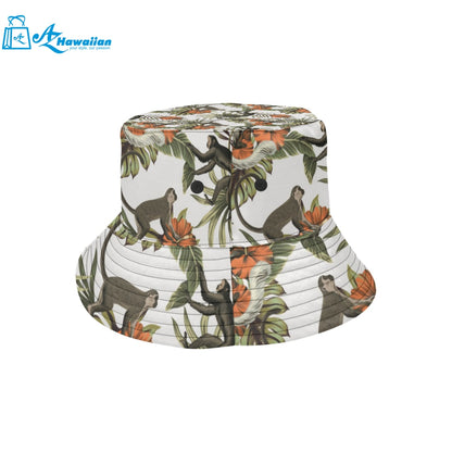 Monkey red hibiscus flower palm leaves floral patt Unisex Bucket Hat