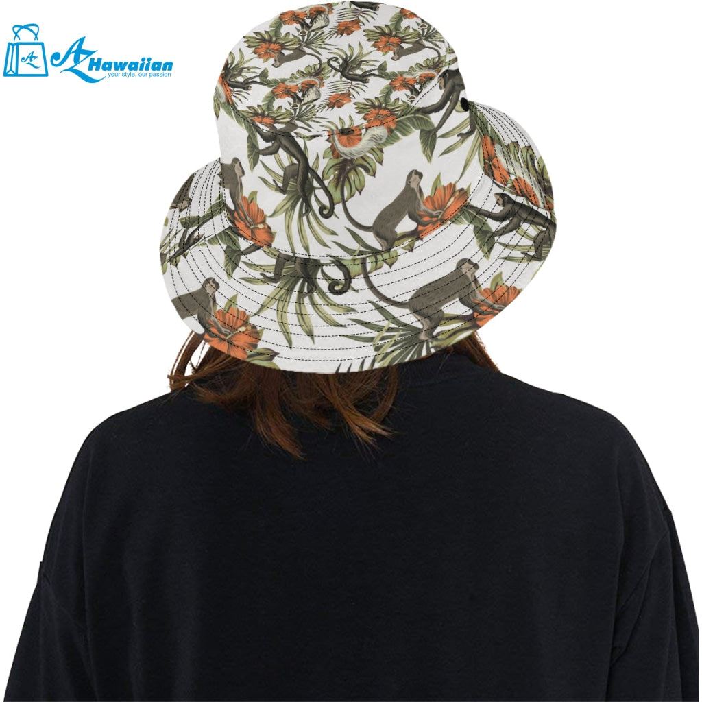 Monkey red hibiscus flower palm leaves floral patt Unisex Bucket Hat