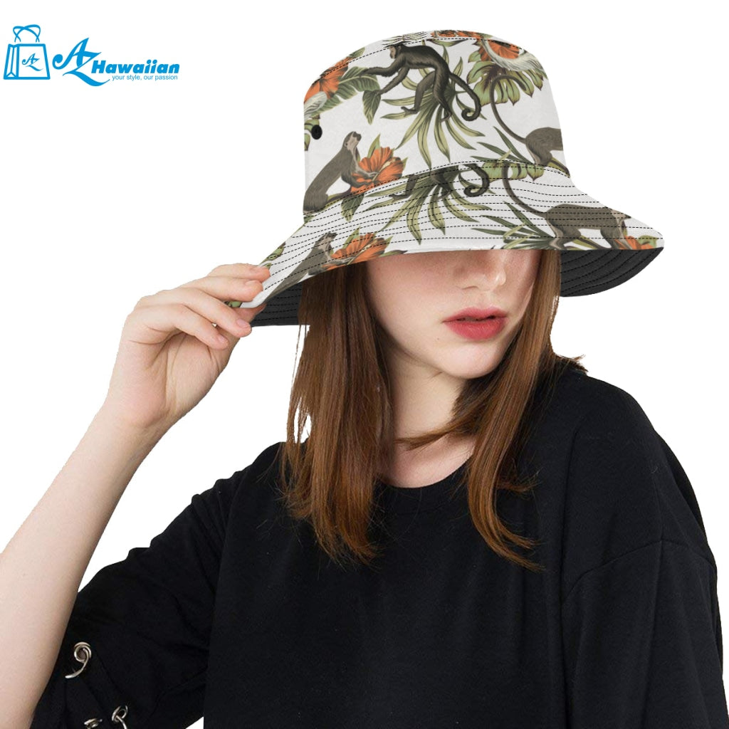 Monkey red hibiscus flower palm leaves floral patt Unisex Bucket Hat