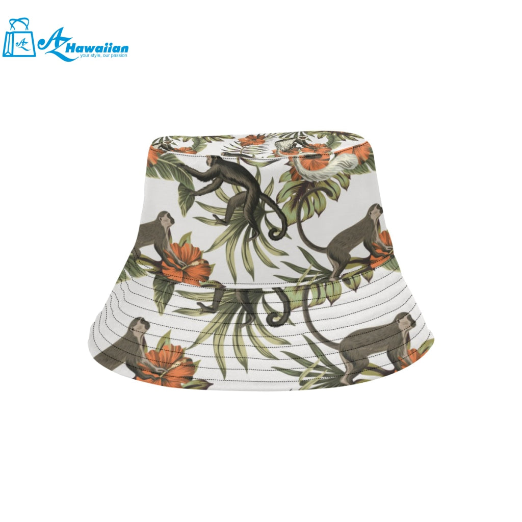 Monkey red hibiscus flower palm leaves floral patt Unisex Bucket Hat