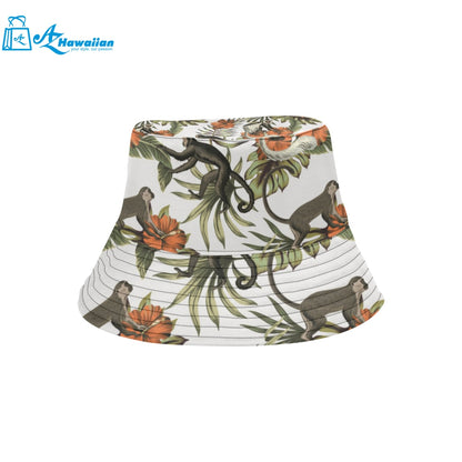 Monkey red hibiscus flower palm leaves floral patt Unisex Bucket Hat