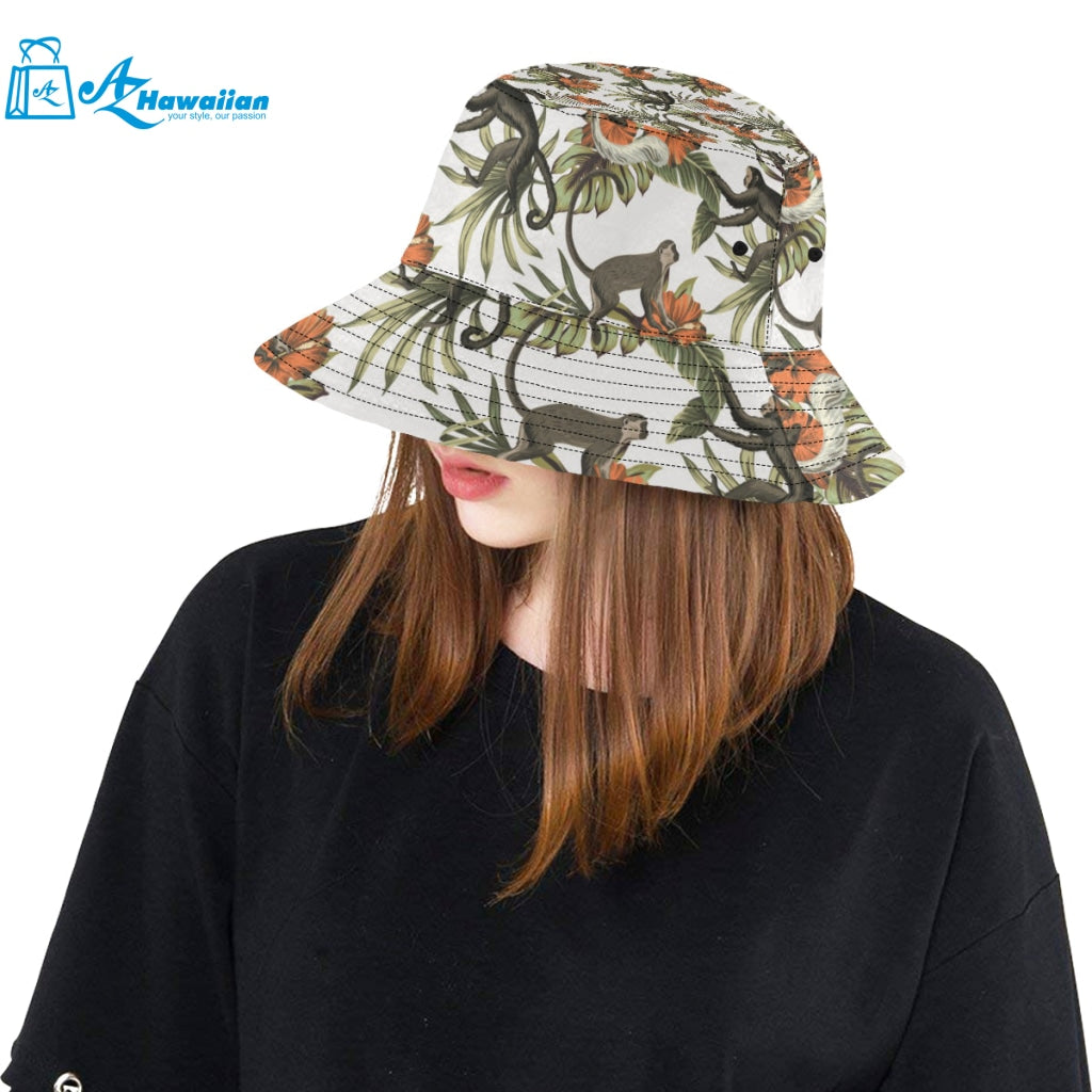 Monkey red hibiscus flower palm leaves floral patt Unisex Bucket Hat