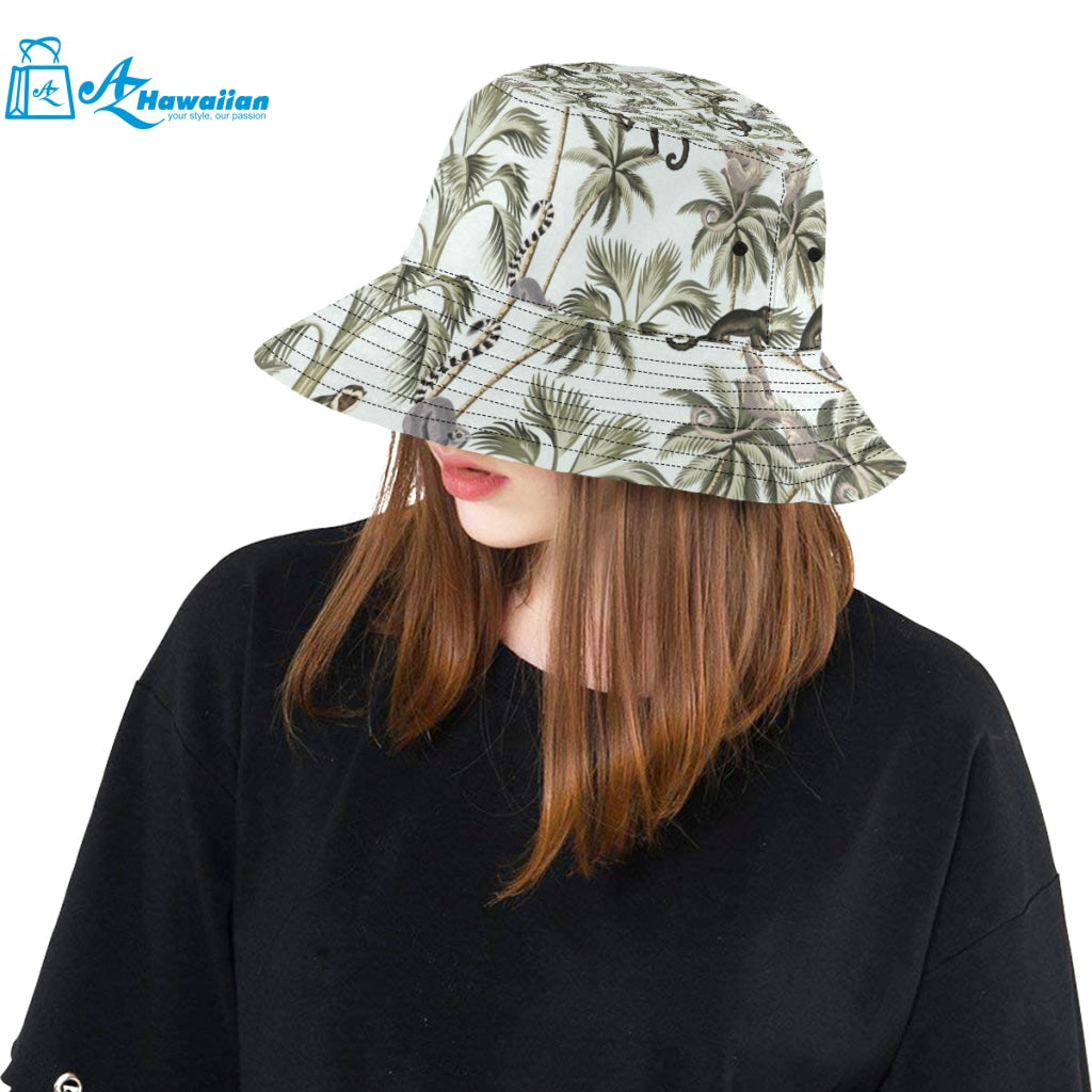 Monkey sloth lemur palm trees pattern Unisex Bucket Hat