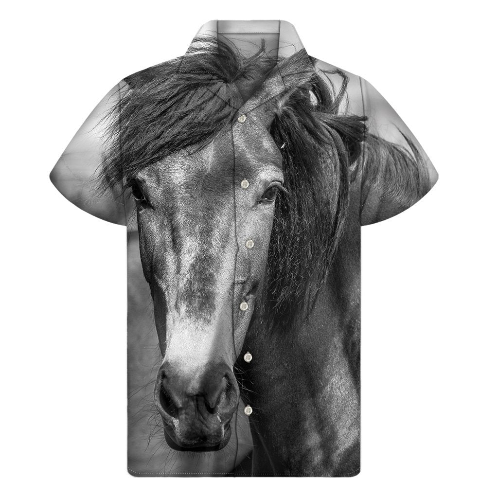 Monochrome Horse Print Mens Short Sleeve Shirt Hawaiian