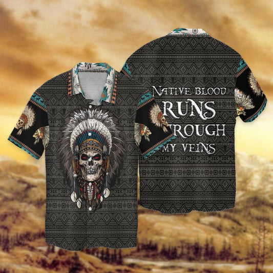 Native Skull Native Blood Runs Through My Veins Graphic Print Short Sleeve 