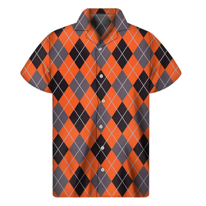 Orange And Grey Halloween Argyle Print Mens Short Sleeve Shirt Hawaiian