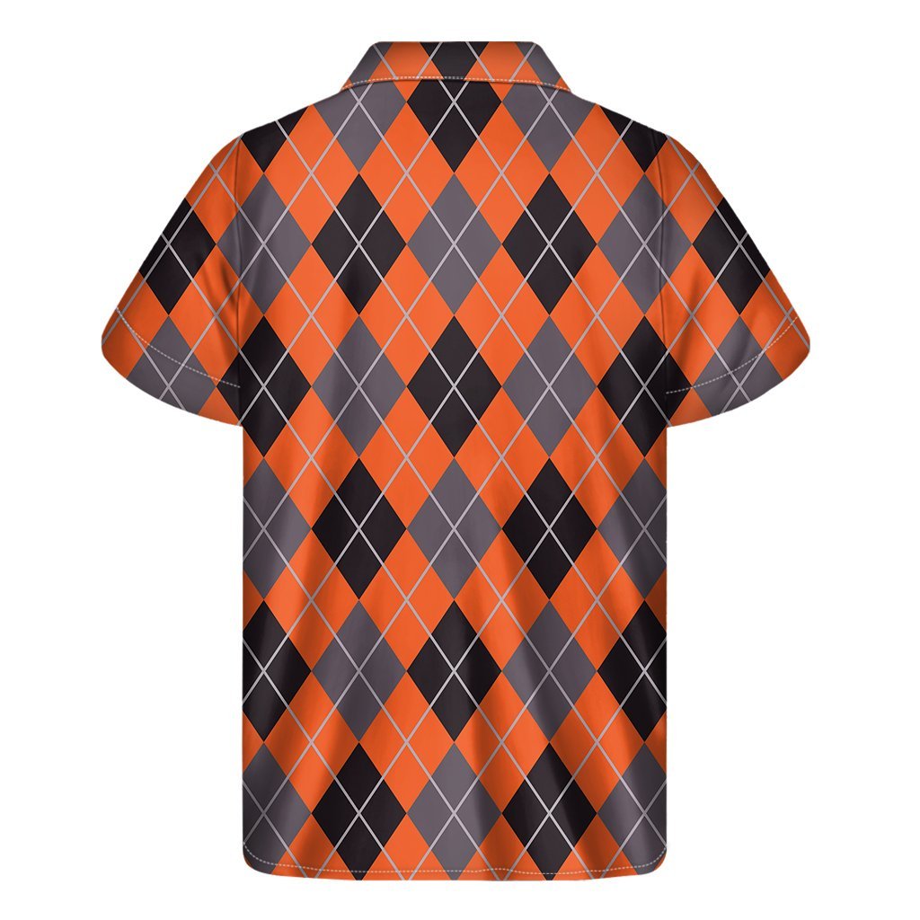 Orange And Grey Halloween Argyle Print Mens Short Sleeve Shirt Hawaiian