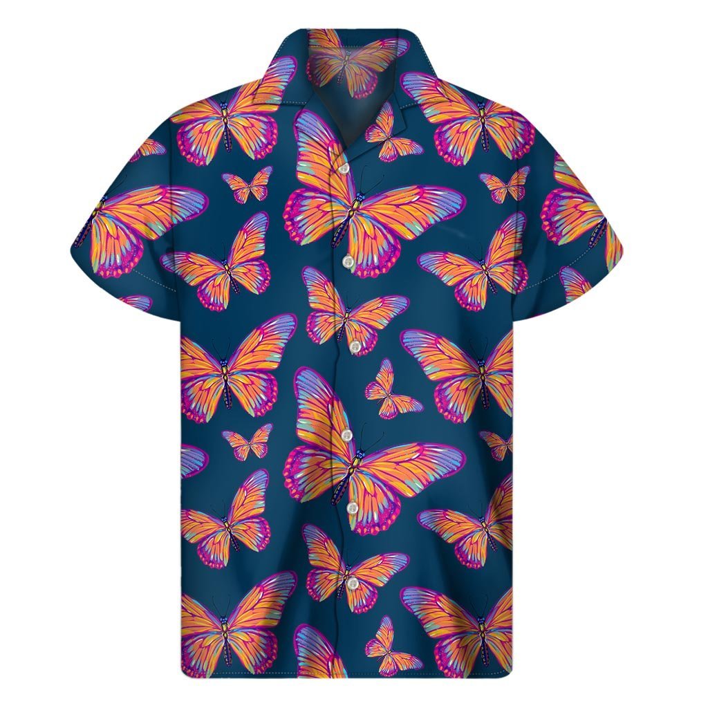 Orange And Purple Butterfly Print Mens Short Sleeve Shirt Hawaiian