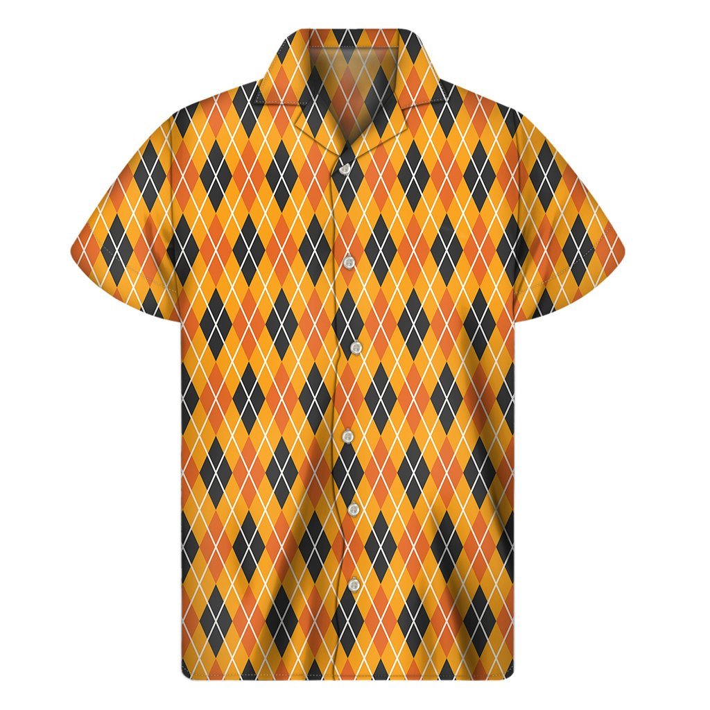 Orange Halloween Argyle Pattern Print Mens Short Sleeve Shirt Hawaiian