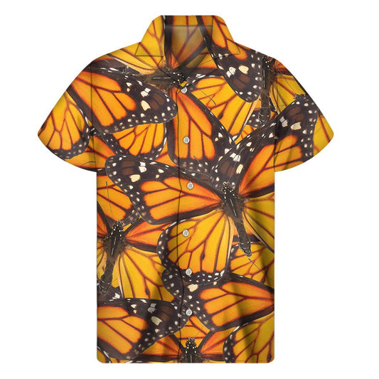 Orange Monarch Butterfly Pattern Print Mens Short Sleeve Shirt Hawaiian