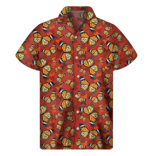 Orange Monarch Butterfly Print Mens Short Sleeve Shirt Hawaiian