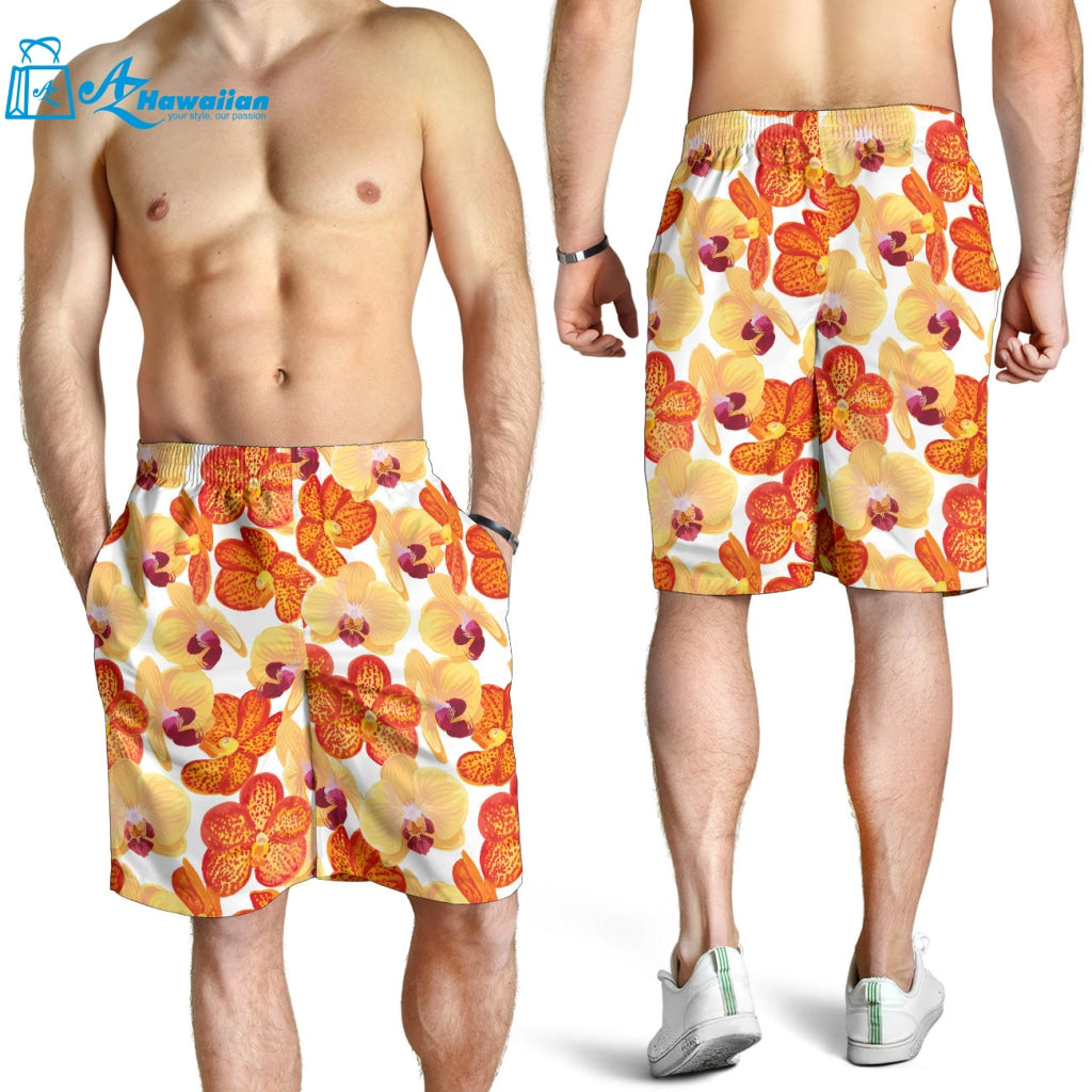 Orange Yellow Orchid Flower Pattern Background Men Shorts