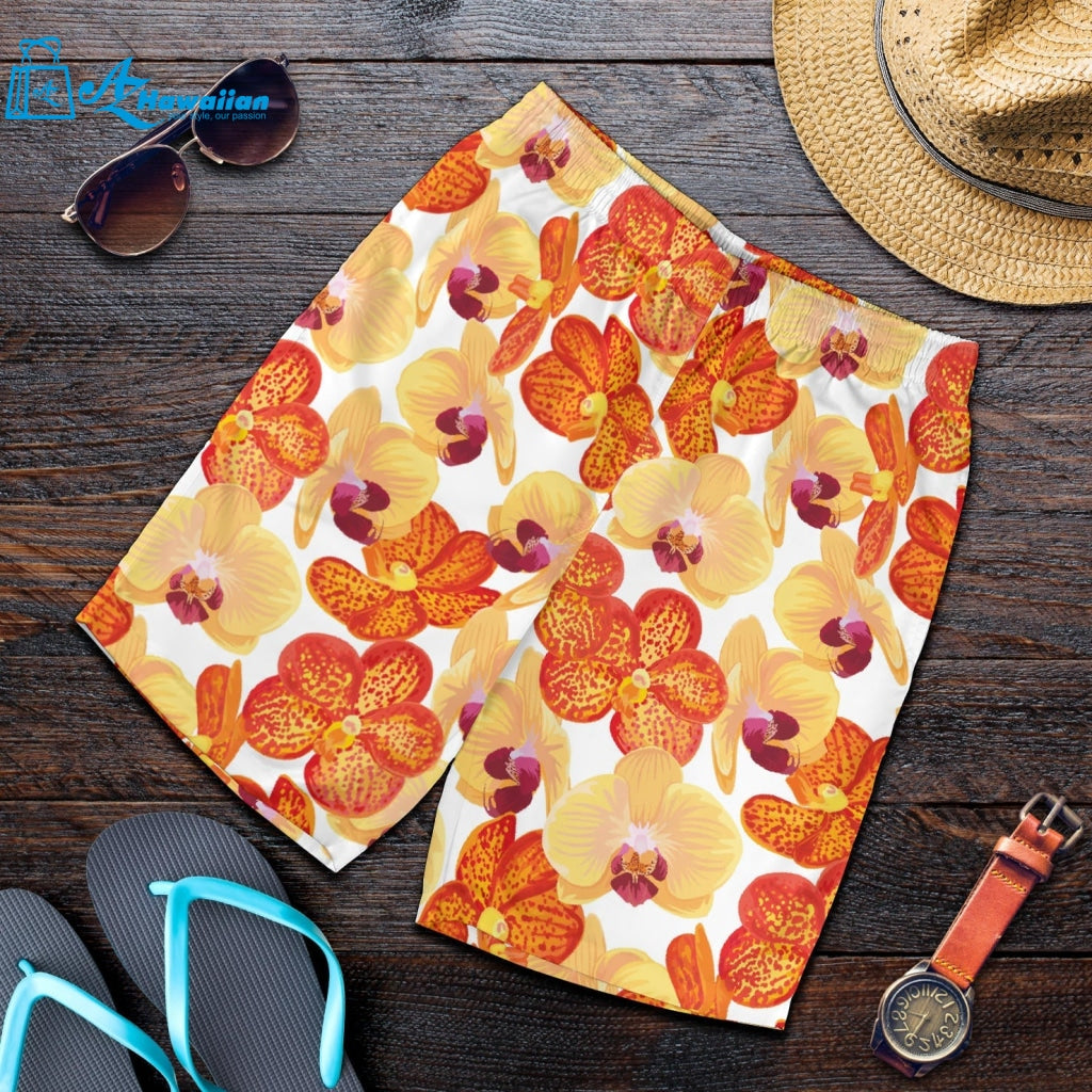 Orange Yellow Orchid Flower Pattern Background Men Shorts