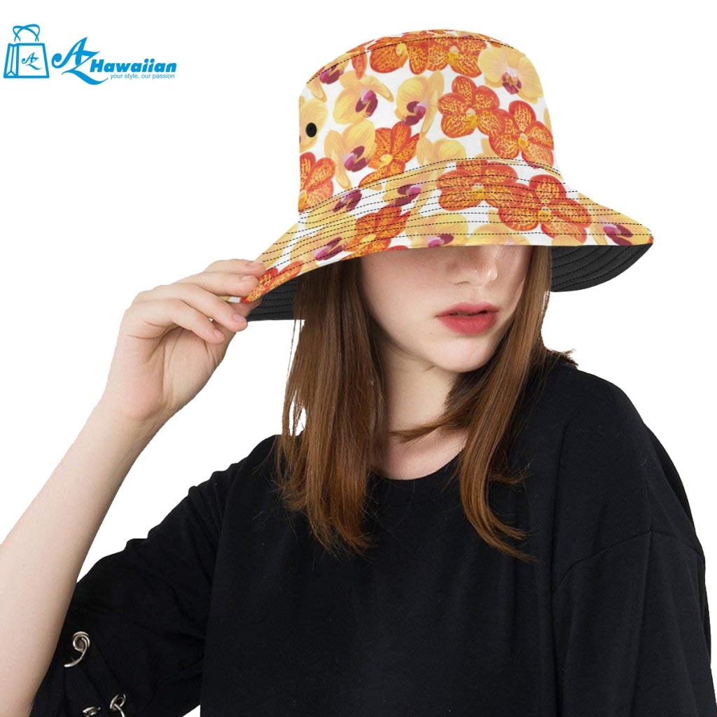 Orange yellow orchid flower pattern background Unisex Bucket Hat